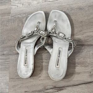 Manolo Blahnik Leather Crystal Embellishments Slides